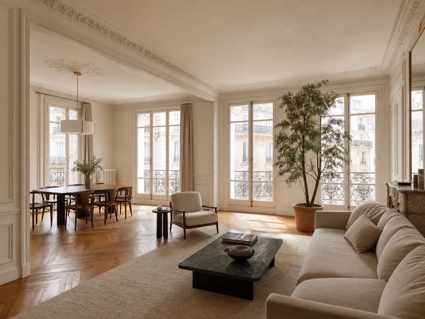 AI-generated concept of a bright, thoughtfully presented apartment interior.